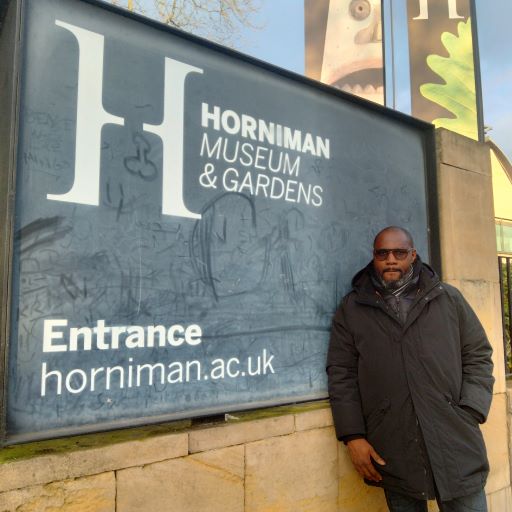 The author at the entrance to Horniman Museum - Photo credit: Peju Akande